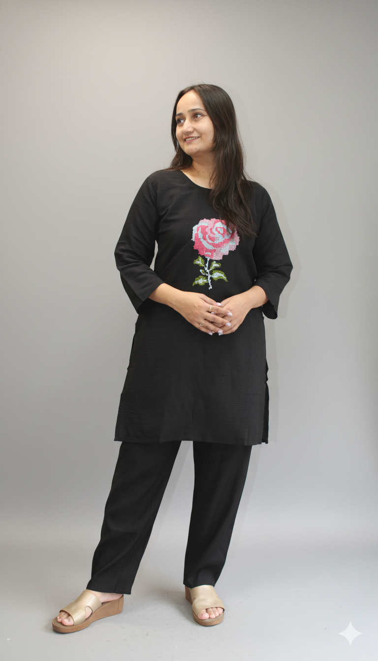women rose embroidered black co ord set