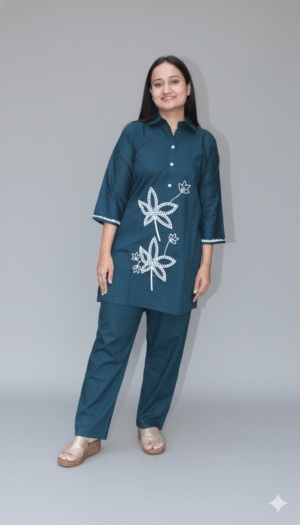 women teal embroidered co ord set