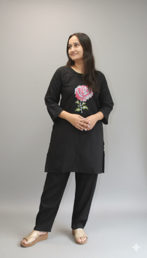 women rose embroidered black co ord set