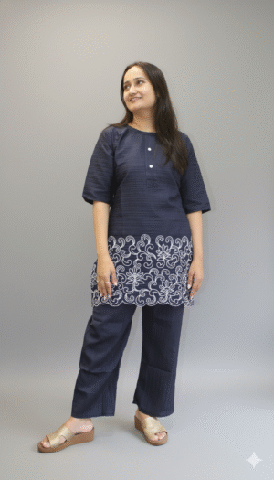 women blue embroidered co ord set