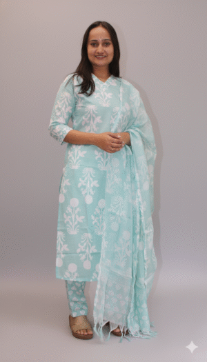 women sea green & white printed kurta set with dupatta