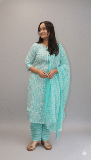 women sea green printed kurta set with dupatta