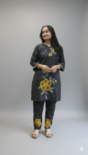 women grey silk embroidered cut work co ord set