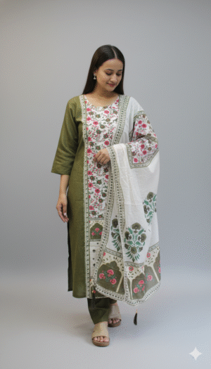 women green muslin kurta set with dupatta