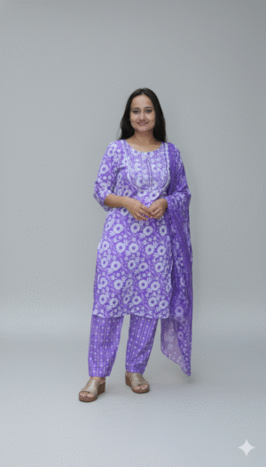 women purple cotton printed kurta set with dupatta