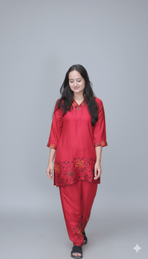 women red embroidered co ord set