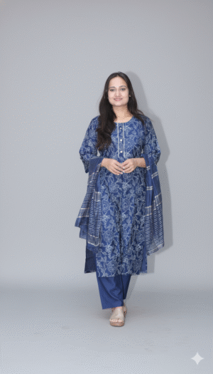 women blue cotton kurta set with dupatta