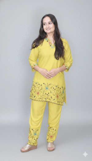 women yellow embroidered co ord set elegant summer two piece outfit